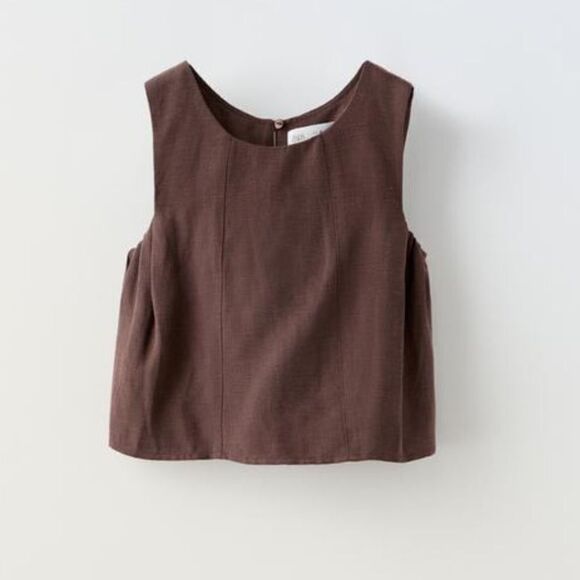Zara Girls Brown Gathered Linen Blend  Top(Size 13-14 yrs) - Picture 1 of 5